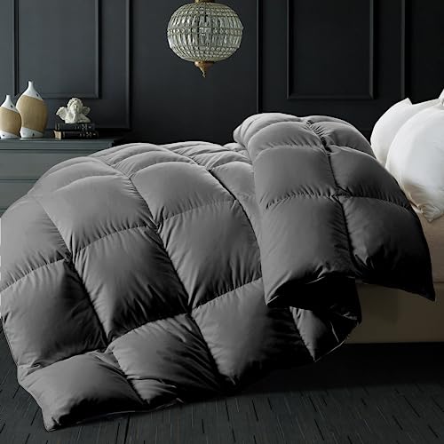 ELNIDO QUEEN Goose Feather Down Comforter Queen Size - Grey Down Duvet Insert - Luxurious Fluffy Hotel Style Bedding Comforter - 100% Cotton Cover All Season - Queen Size (90x90 Inch)