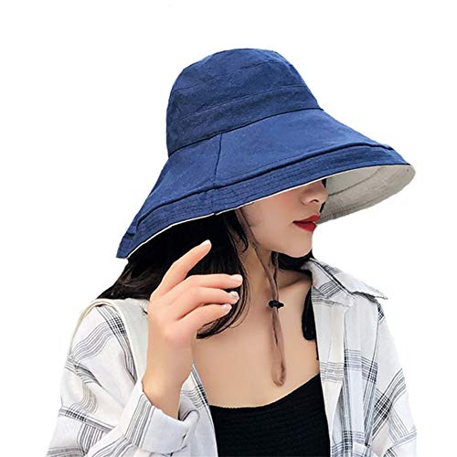 yelesley Women's Foldable Flap Cover UV Protective Bucket Cotton Beach Sun Hat Fold-Up Brim Summer Hat (Blue White)