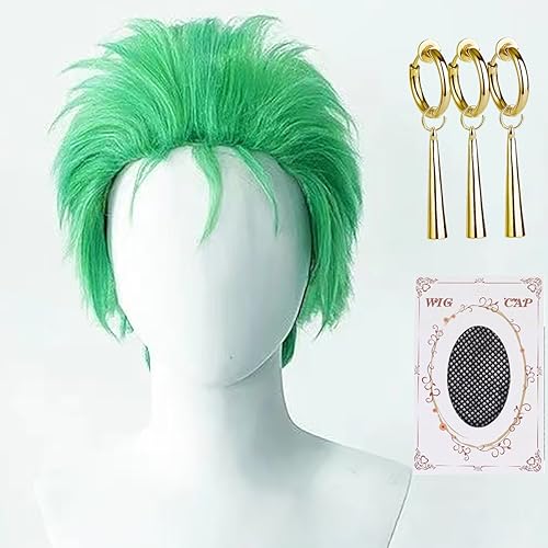 Aqnhec Short Green Zoro Cosplay Wig with Earrings Clip Light Green Cosplay Wig Anime Costume Wig with Wig Cap for Theme Party, Cosplay Show,Halloween Costume Party