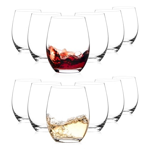 Stemless Wine Glasses, 15 oz Stemless Glasses Set of 12 for Red or White Wine, Stemless Glassware, No Stem Wine Glasses, Drinking Glasses, Clear