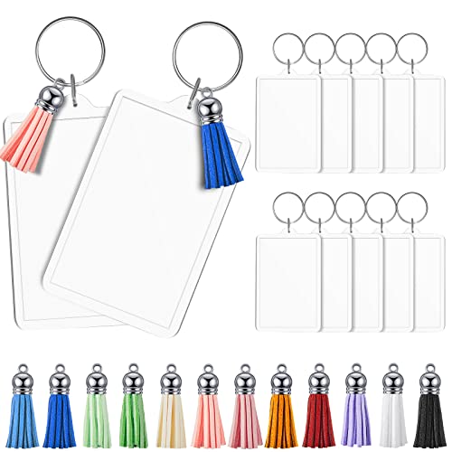 Henoyso Rectangle Acrylic Keychain Blanks Acrylic Photo Keychain Picture Frame Keychain with Tassels, 2 x 3 Inch(12 Sets)