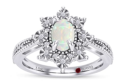 Gemvio Collection 1/2 CT 6X4MM Oval Cut Natural White Opal Gemstone With Diamond Sunburst Frame Vintage-Style Halo Ring In 10K Solid White Gold Engagement Wedding Ring (0.50Cttw)-6