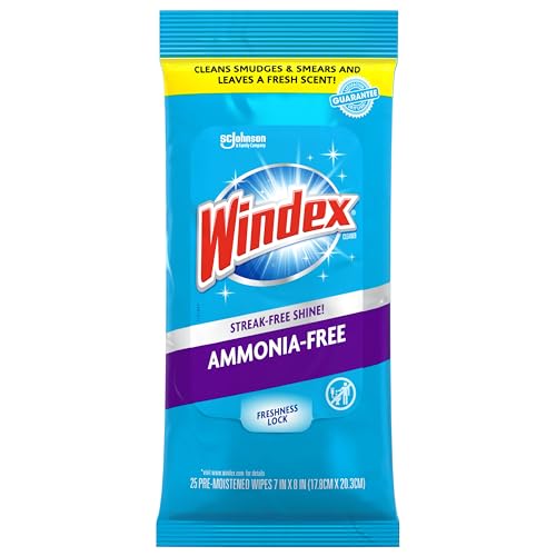 Windex Ammonia-Free Glass Wipes, Pre-Moistened Glass and Surface Wipes Clean and Provide a Streak-Free Shine, Crystal Rain Fresh Scent, 25 Count