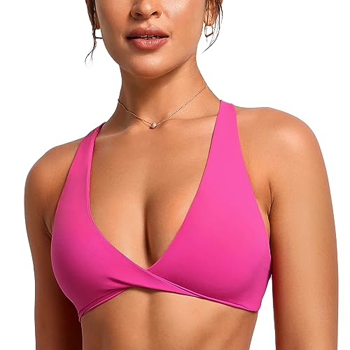 VANTONIA Womens Butterluxe Twist Front Sports Bra Deep V-Neck Crop Top Strappy Cross Back Bra with Nipple Covers-Vivi Bra Hibiscus Purple X-Large