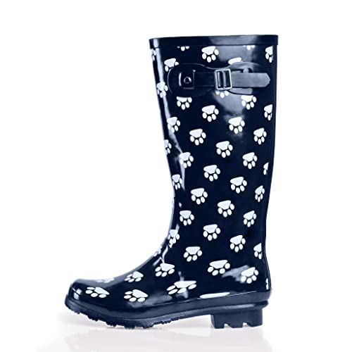 NORTY Women's Hurricane Wellie Rain Boots - High-Calf Length - Glossy Matte Waterproof Rubber Shoes - Navy Paw Print Size 9