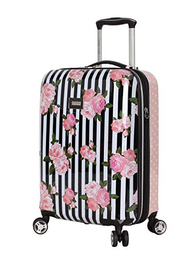 Betsey Johnson Designer 20 Inch Carry On - Expandable (ABS + PC) Hardside Luggage - Lightweight Durable Suitcase With 8-Rolling Spinner Wheels for Women (Stripe Roses)