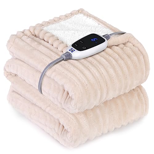 SEALY Electric Blanket Heated Throw, Soft Cozy Ribbed Flannel to Sherpa Reversible Safe Heating with 6 Heat Settings & 2-10 Hours Auto-Off Over-Heat Protection, Machine Washable, 50'x60' Beige