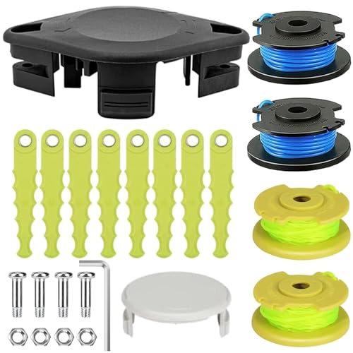 Eyoloty ACFHRL2 Polycarbonate Blades Head,AC14RL3A & AC80RL3 Spool Line Compatible with Ryobi 18V 24V 40V RY40210 RY40210A String Trimmers,with AC14HCA Cap Cover and Ryobi Trimmer Parts (18 Pack)