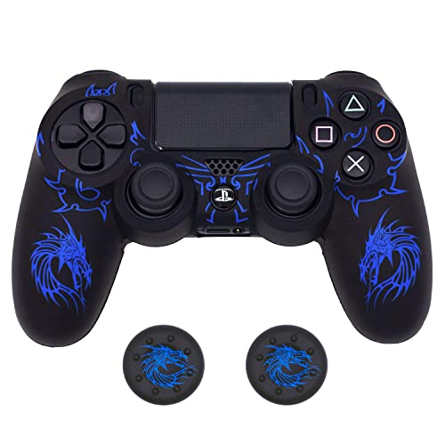 Skin for PS4 Controller, BRHE Anti-Slip Grip Silicone Cover Protector Case Compatible with PS4 Slim/PS4 Pro Wireless/Wired Gamepad Controller with 2 Dragon Carving Thumb Grip Caps