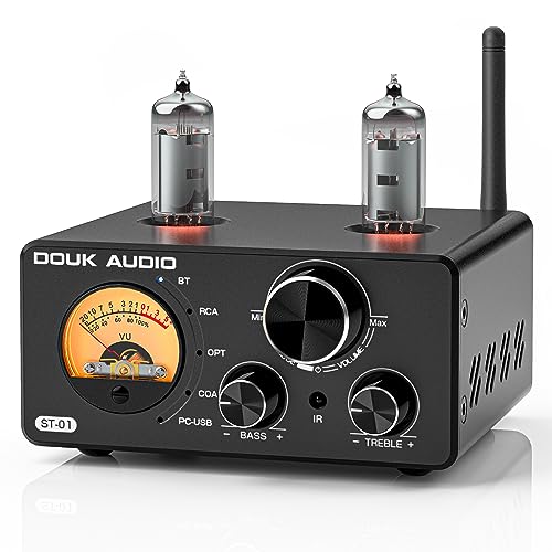 Douk Audio ST-01 200W Bluetooth Amplifier, 2 Channel Vacuum Tube Power Amp with USB DAC/Coaxial Optical Inputs/VU Meter/Treble Bass Control for Home Theater/Stereo Speakers (Upgrade Version)