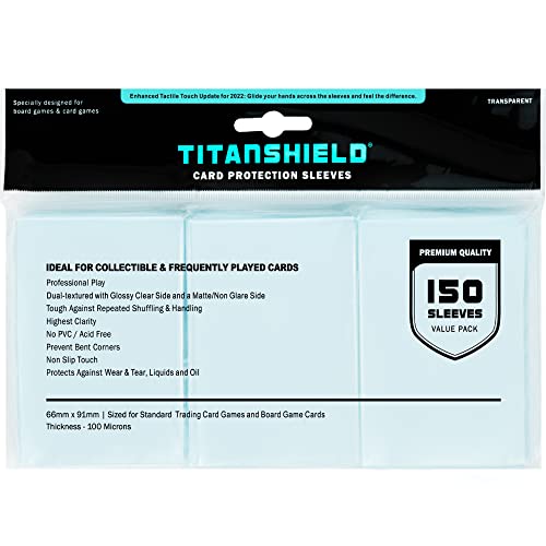 TitanShield Premium Clear Card Sleeves Compatible with Standard Sized Board Games, MTG Magic The Gathering, Pokemon, Lorcana and Trading Cards 2.5' x 3.5' 66x91mm (150 Sleeves)