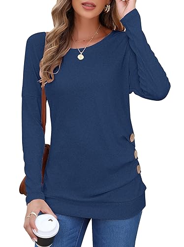 MOLERANI Women's Casual Long Sleeve Round Neck Loose Tunic T Shirt Blouse Tops (M, Navy Blue)