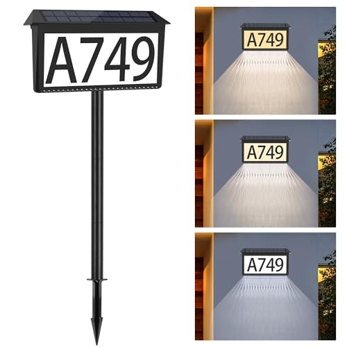 Nazuwke Solar Address Sign, House Numbers for Outside Light Up, 3 Colors Waterproof Led Illuminated House Numbers Outdoor with Stake, Wall Mounted/In Ground Address Plaque Address Numbers for House