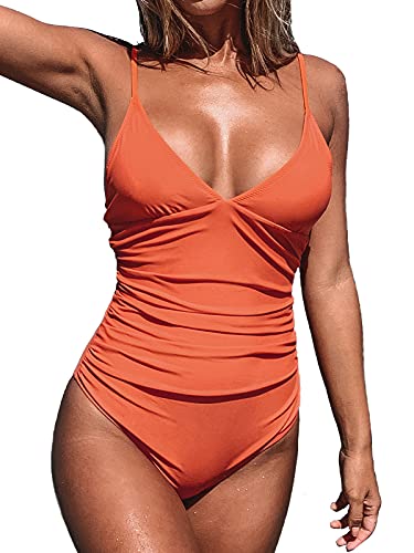 CUPSHE Womens Swimwear V Neck Shirring Swimsuit,Orange, Small