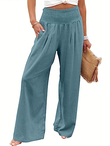 ANRABESS Women Linen Palazzo Pants Summer Boho Wide Leg High Waist Casual Lounge Pant Trousers with Pockets 1091hulv-M