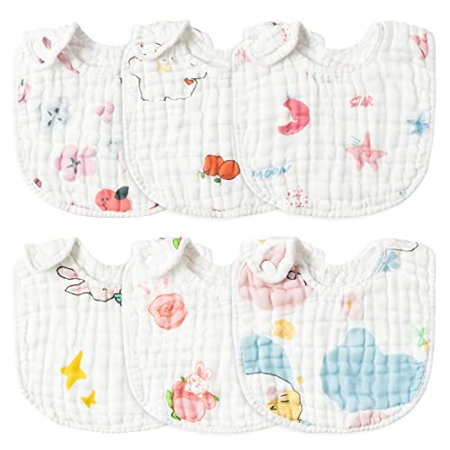 Zainpe 6Pcs Snap Muslin Cotton Baby Bibs Star Cat Rabbit Pattern Adjustable Feeding Bib Machine Washable Unisex Burp Cloths with 6 Absorbent & Soft Layers for Infant Toddler Newborn Eating Drooling