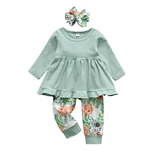 Kulcerry Toddler Baby Girl Clothes Solid Color Long Sleeve Ruffle Tops Floral Pants Headband Outfits Set (12-18 Months, Green