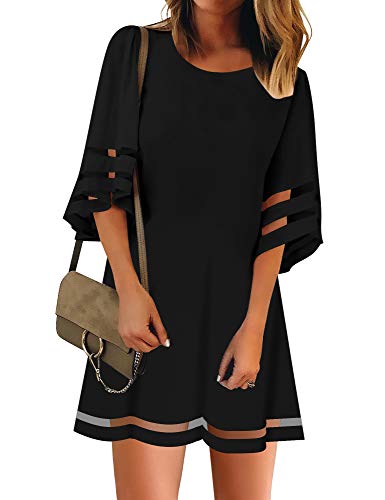 LookbookStore Black Dress for Women Cocktail 2024 Casual Summer Crewneck Dress 3/4 Bell Sleeve Party Dresses for Women Size L Size 12 14