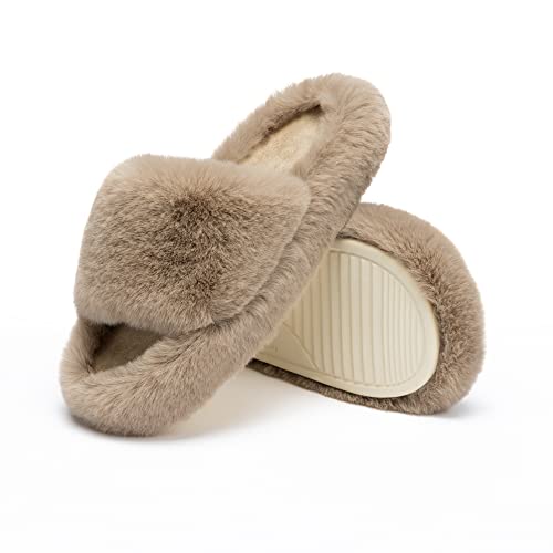 Chantomoo Women's Slippers Memory Foam House Bedroom Slippers for Women Fuzzy Plush Comfy Faux Fur Lined Slide Shoes Anti-Skid Sole Trendy Gift Slippers Light BrownSize7 8 6.5