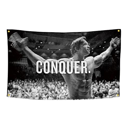 OOOYIY Conquer Flag for Arnold Schwarzenegger 3×5 Feet Funny Poster Banner Wall Outdoor Hanging Flag with 4 Brass Grommets for College Dorm Room Decor