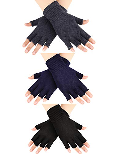 SATINIOR 3 Pairs Women Fingerless Gloves Winter Half Finger Knit Gloves for Women Men (Black, Dark Gray, Navy Blue)