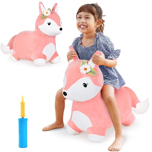 iPlay, iLearn Bouncy Pals Pink Fox Hopping Horse, Toddler Girls Inflatable Bouncing Animal Hopper, Kids Outdoor Jump Toy, Indoor Plush Ride on Bouncer, Birthday Gifts for 18 24 Months 2 3 4 5 Year Old