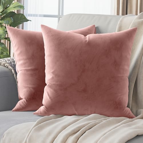 NEATERIZE Premium Velvet Pillow Covers 18x18 Blush - Washable Decorative Fabric Throw Pillow Covers for Couch or Bed - Set of 2