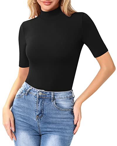 MANGOPOP Women's Mock Turtle Neck Slim Fit Half Elbow Short Sleeve T Shirts Tight Tops Tee Black