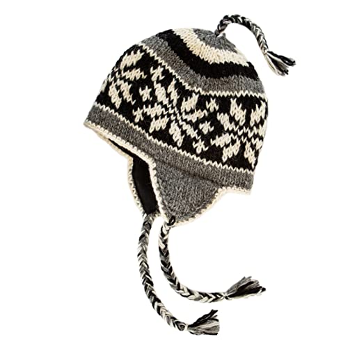 Hand Knit Sherpa Wool Unisex Hat with Micro Fleece Lining with Snowflake Pattern - Ear Flaps - Toque - Beanie (Black, White, Gray)