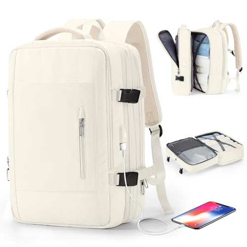 Large Laptop Travel Backpack for Women Carry On Airline Flight Approved Expandable Work Personal Item size Backpack with laptop compartment for College Men Hiking Waterproof Mochila de Viaje Beige