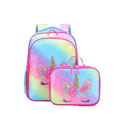 THE Crafts Reversible Sequin School Backpack Lightweight Little Kid Book Bag with Lunch Bag Set for Preschool Kindergarten Elementary(15', Rainbow Unicorn with Lunch Bag)