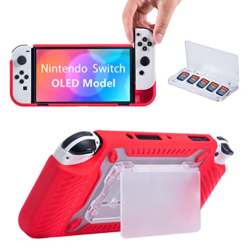 Teyomi TPU Protective Case for Nintendo Switch OLED Model, Ergonomic Grip Case with 5 Game Storage, Switch OLED Cover with Stand, Shockproof - Red