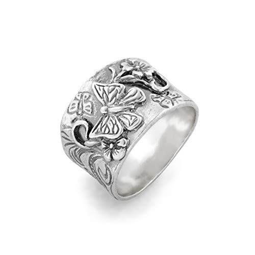 PZ Paz Creations 925 Sterling Silver Butterfly Floral Band Ring for Women | Vintage Style Statement Bohemian Jewelry Gift | Unique Artisan Fashion Chunky Rings (8)