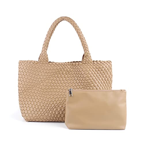 CREDSTAR Woven Bag for Women, Vegan Leather Tote Bag Large Summer Beach Travel Handbag and Purse Retro Handmade Shoulder Bag (khaki)