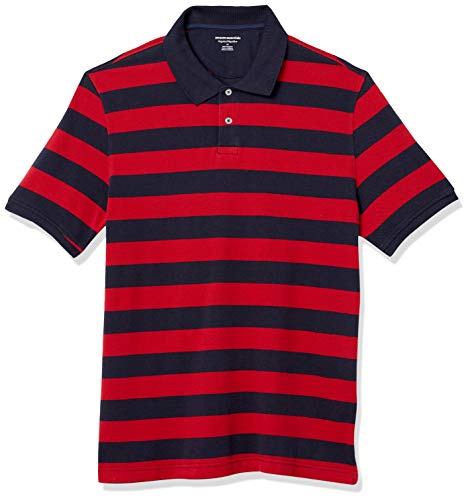 Amazon Essentials Men's Regular-Fit Cotton Pique Polo Shirt (Available in Big & Tall), Navy Red Rugby Stripe, Large