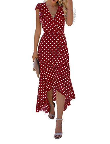 GRECERELLE Women's Summer Floral Print Cross V Neck Dress Bohemian Flowy Long Maxi Dresses PD-Wine Red-X-Large