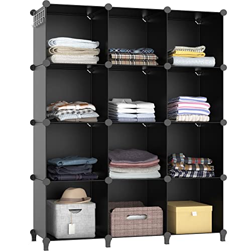 Closet Organizer, 12-cube Closet Organizers and Storage, Portable Closet Storage Shelves, Clothing Storage for Kids, Closet, Bedroom, Bathroom, Office (11.8x11.8x11.8 inch), Black