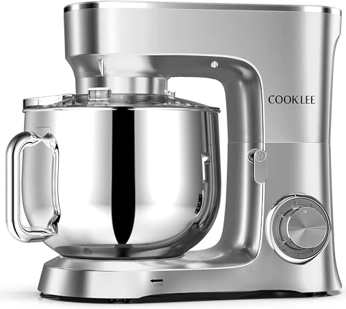 COOKLEE Stand Mixer, 9.5 Qt. 660W 10-Speed Electric Kitchen Mixer with Dishwasher-Safe Dough Hooks, Flat Beaters, Wire Whip & Pouring Shield Attachments for Most Home Cooks, SM-1551, Silver