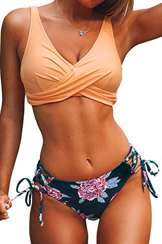 CUPSHE Women's Peach and Purple Floral Front Cross Lace Up Bikinis L