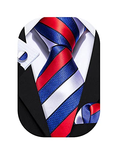 Barry.Wang Blue Stripe Men Ties Set Design WOVEN Necktie with Handkerchief Cufflinks Formal