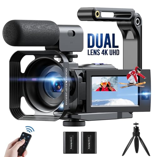 CAMWORLD 4K 56MP Dual Lens Video Camera Camcorder WiFi 3'' 270° Rotatable Touch Screen Vlogging Camera YouTube Camera Recorder with Microphone,Remote Control,2 Batteries,Lens Hood,Tripod