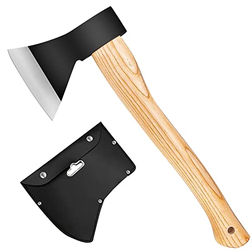 sanyi Camping Axe, Hatchet for Wood Splitting and Chopping, 15'' Gardening Small Axe Wooden Handle Tools with Sheath for Camping, Hiking, Xmas Gifts for Husband, Dad, Men