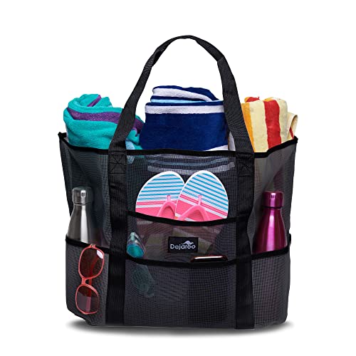 Dejaroo: Mesh Sand Free Bag - Strong Lightweight Tote For Beach & Vacation Essentials. Tons of Storage with 8 Pockets, Foldable, 17x9x15 inches, Black with Black Straps