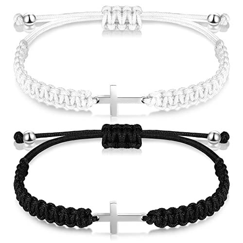 2 Pieces Friendship Cross Bracelet String Rope Braided Bracelet Cross Charm Adjustable Handmade Matching Couple Bracelets for Women Men Brother Kabbalah Strand Lucky BFF Bracelets(White/Black)