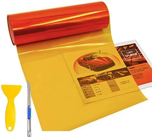KOMAS 12” X 48” Tint Vinyl Film Sticker Sheet Roll for Car Headlight, Tail Lights, Fog Lights with Squeegee + Cutter (Glossy Orange)