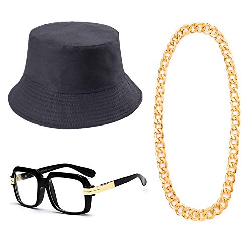 Feacole 80s/90s Hip Hop Costume Kit- Cotton Bucket Hat,Big Chunky Miami Cuban Chain Necklace,80's Gazelle Vintage Glasses (XL)