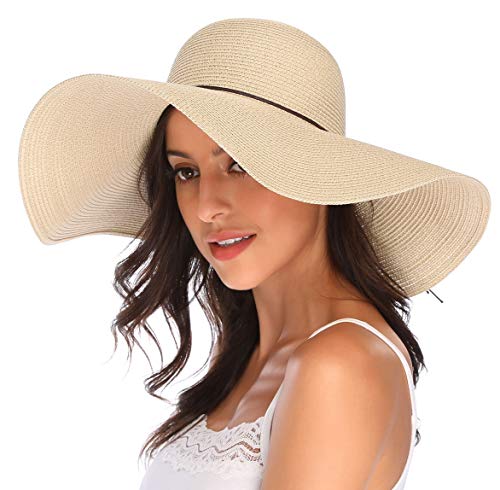 Lanzom Womens Wide Brim Straw Hat Big Floppy Foldable Roll up Cap Beach Sun Hat UPF 50+(String-Beige)