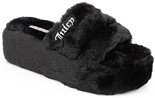 Juicy Couture Women's Slide Sandals With Faux Fur Slipper Sandals, Furry Slides, Womens Slip On Slippers-World-Black-Size 6