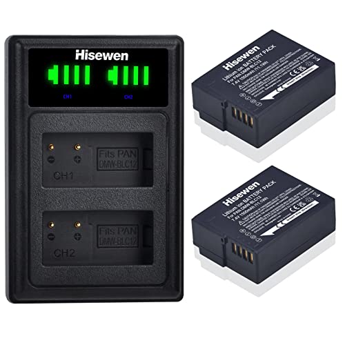 DMW-BLC12 Battery (2 Pack) and Hisewen Dual Charger kit Compatible with Panasonic Lumix G85 G7 DC-FZ1000 II DC-G95 DMC-G85 DMC-GH2 DMC-G5 DMC-G6K DMC-G7 DMC-GX8 DMC-FZ200 DMC-FZ300 DMC-FZ1000 Camera.