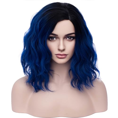 BERON Black and Blue Wigs for Women Girls Short Curly Bob Wavy Hair Wig Ombre Dark Blue Body Wave Heat Resistant Synthetic Cosplay Daily Party Wigs
